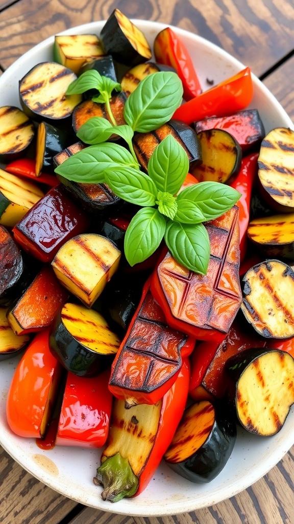 Colorful grilled vegetable medley with zucchini, bell peppers, and eggplant garnished with basil.